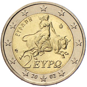 Griechenland 2 Euro 2002 S im Stern Fehlprägung? Europa auf dem Stier