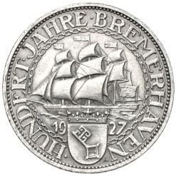Gedenkmünze 3 Reichsmark von 1927 zur 100-Jahrfeier von Bremerhaven