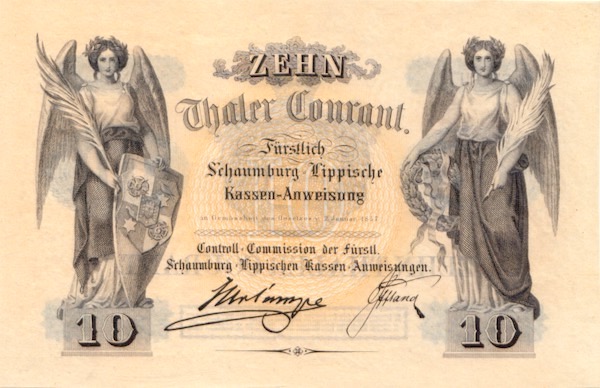 Schaumburg-Lippe Banknote 10 Thaler Courant 1857