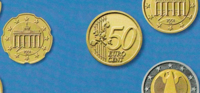 Euromünzen Darstellung mit drehenden Sternen auf Postkarte