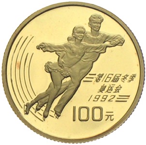 China 100 Yuan Goldmünze 1991 Eiskunstlauf Olympiade 1992