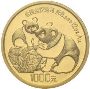 Cina Gold Panda 1000 Yuan 12 OZ Unzen AU Gold 1987