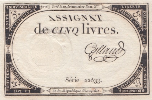 Frankreich Banknote Assignat 5 Livre 1793