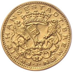 Bremen 10 Mark 1907 Kaisereich Gold 