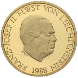 Münzen des Fürstentums Liechtenstein 50 fr 1988 Franz Josef Gold
