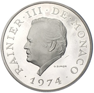 100 Francs 1974 zum 25-jährigen Regierungsjubiläum Fürst Rainier III. Silber