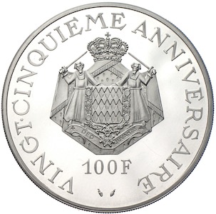 100 Francs 1974 zum 25-jährigen Regierungsjubiläum Fürst Rainier III.