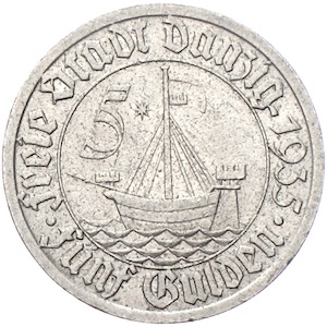 Danzig 5 Gulden Kogge 1935 Silber