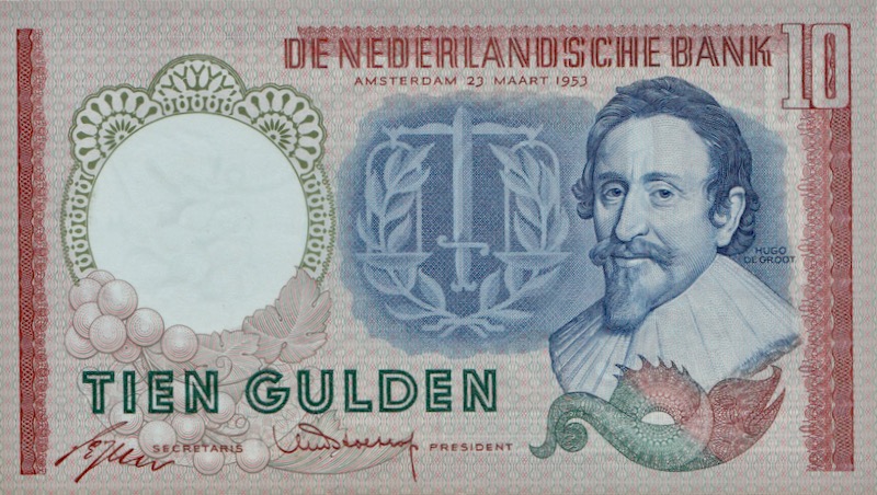 Niederlande Banknote 10 Gulden Hugo de Groot 1953