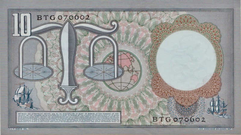 10 Gulden Banknote der Niederlande Hugo de Groot aus der Serie 1953 Tien Gulden