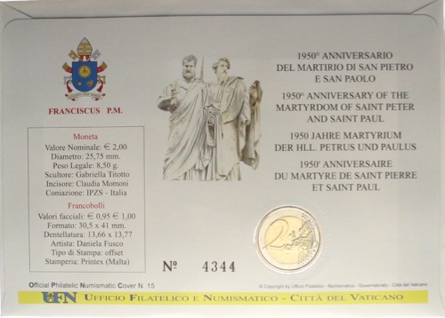 2 Euro Numisbrief des Vatikan aus dem Jahr 2017: 1950 Jahre des Martyrium der heiligen Petrus und Paulus. Rückseite