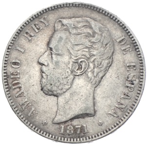 Spanien 5 Pesetas Amadeo I. 1871-1873 Silbermünze