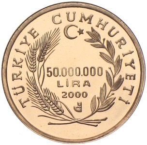 Türkei 50000000 Lira 2000 Eule mit Augen aus Diamanten