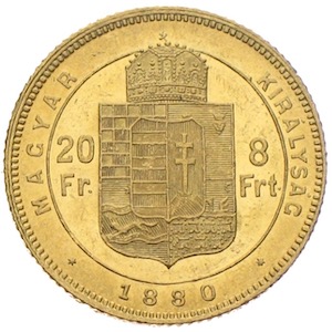 Ungarn - 8 Forint / 20 Francs 1880 Ferencz József Gold