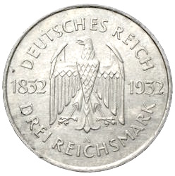 3 Reichsmark Johann Wolfgang von Goethe 1932