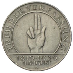 3 Reichsmark Schwurhand - Treu der Verfassung